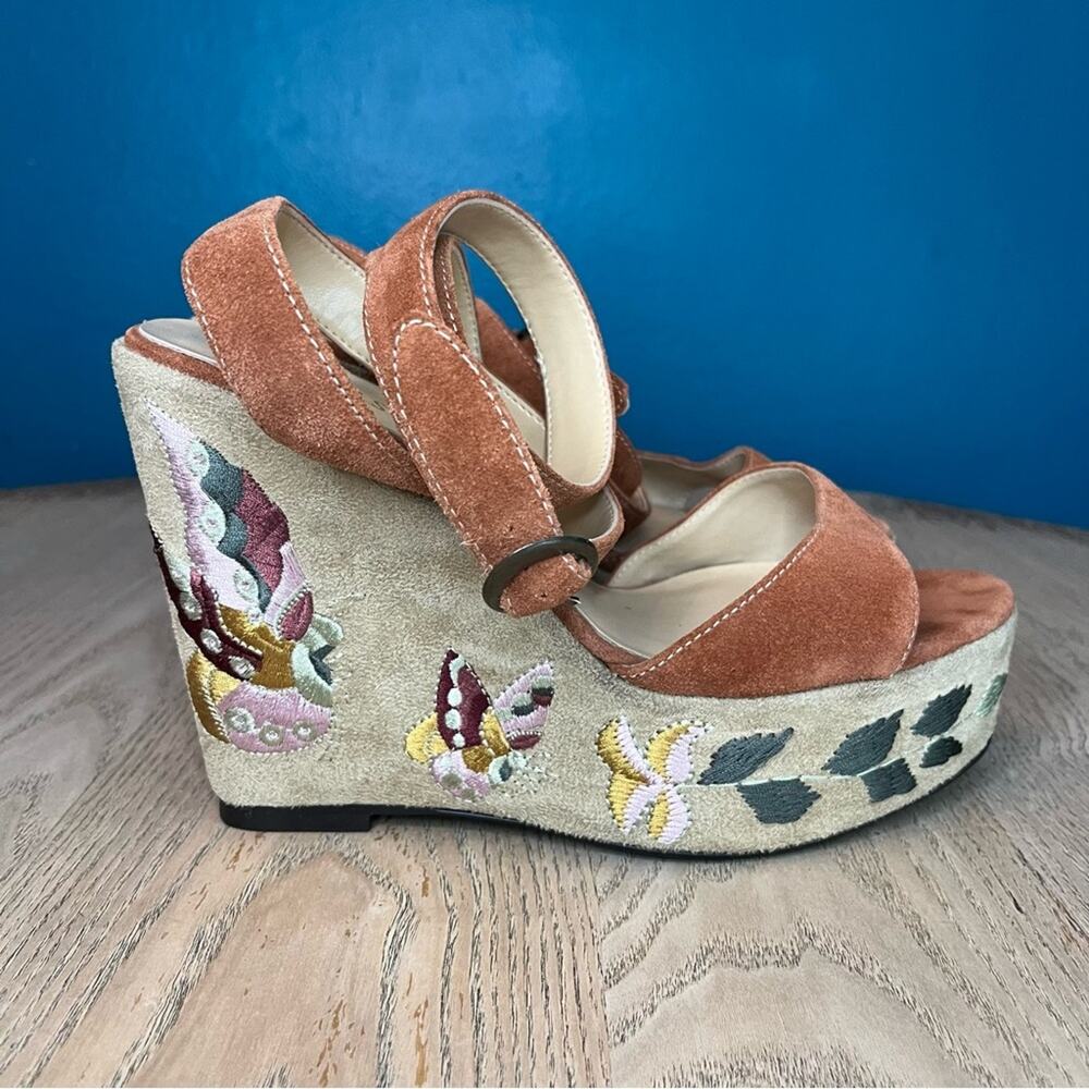 Colin Stuart Rust Suede Embroidered Platform Wedge Sandals